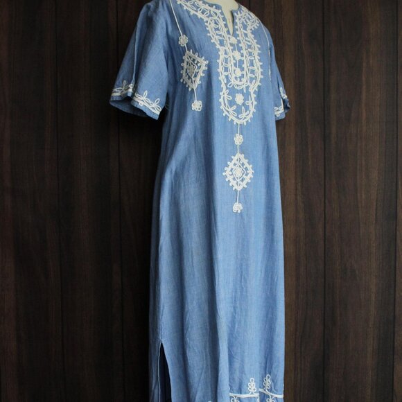 Vintage 1970s Caftan Dress, Blue Maxi Dress with White Embroidery, Traditional - Picture 6 of 10